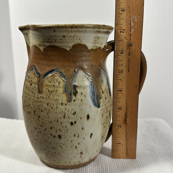 Rustic Brown & Beige Ceramic Pitcher Studio Pottery Hand Thrown Boho Decor - Picture 3 of 15